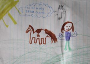 A rudimentary drawing of a little girl, horse, bird and sky.