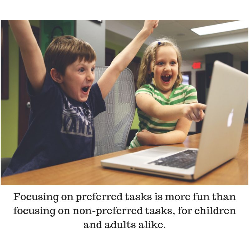 Two children are shown smiling and pointing at a computer. THe caption reads, "Focusing on preferred tasks is more fun than focusing on non-preferred tasks, for children and adults alike."