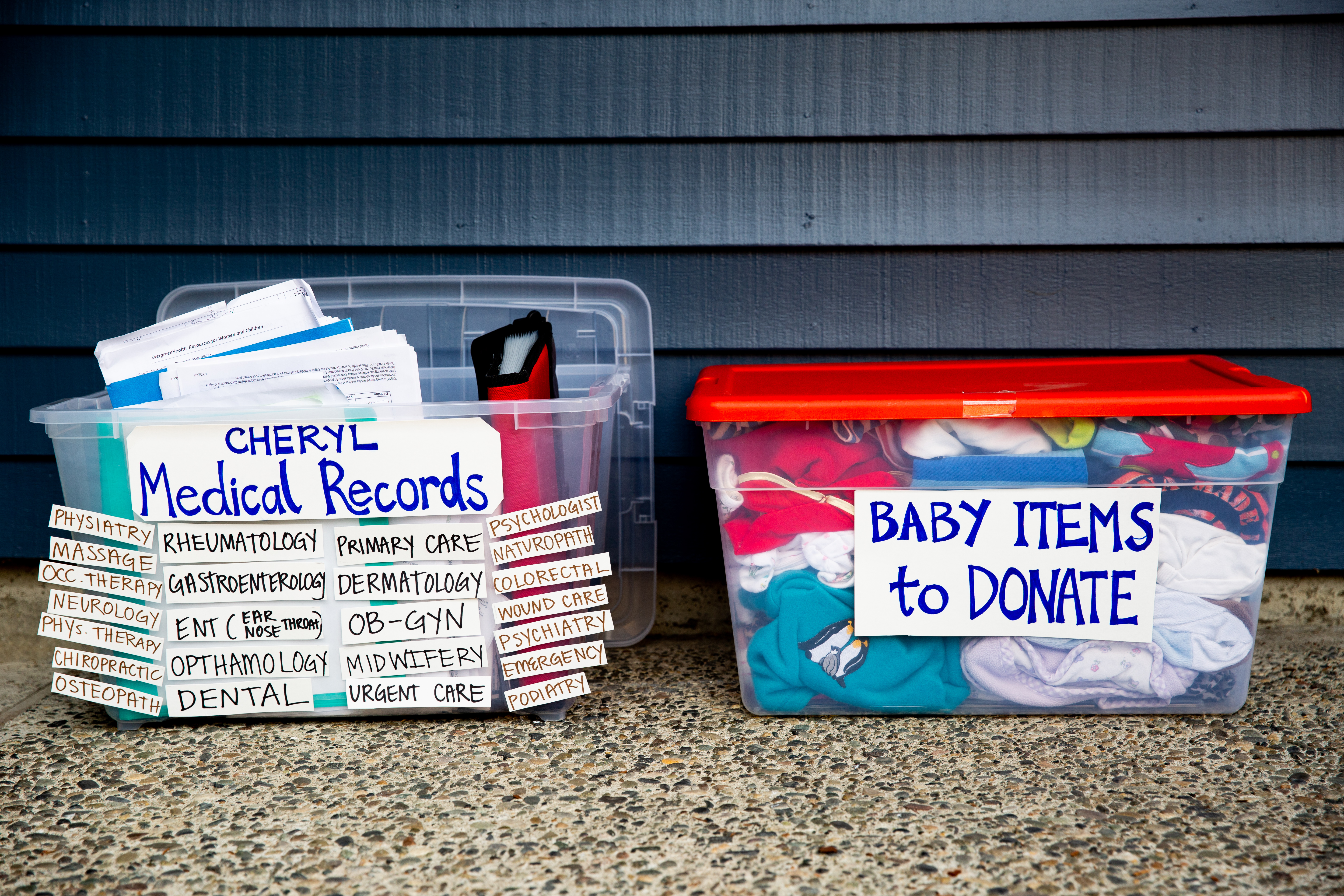 On the left is a box entitled "Cheryl medical records," which lists 18 different medical specialties. On the right is a box called "Baby items to donate."