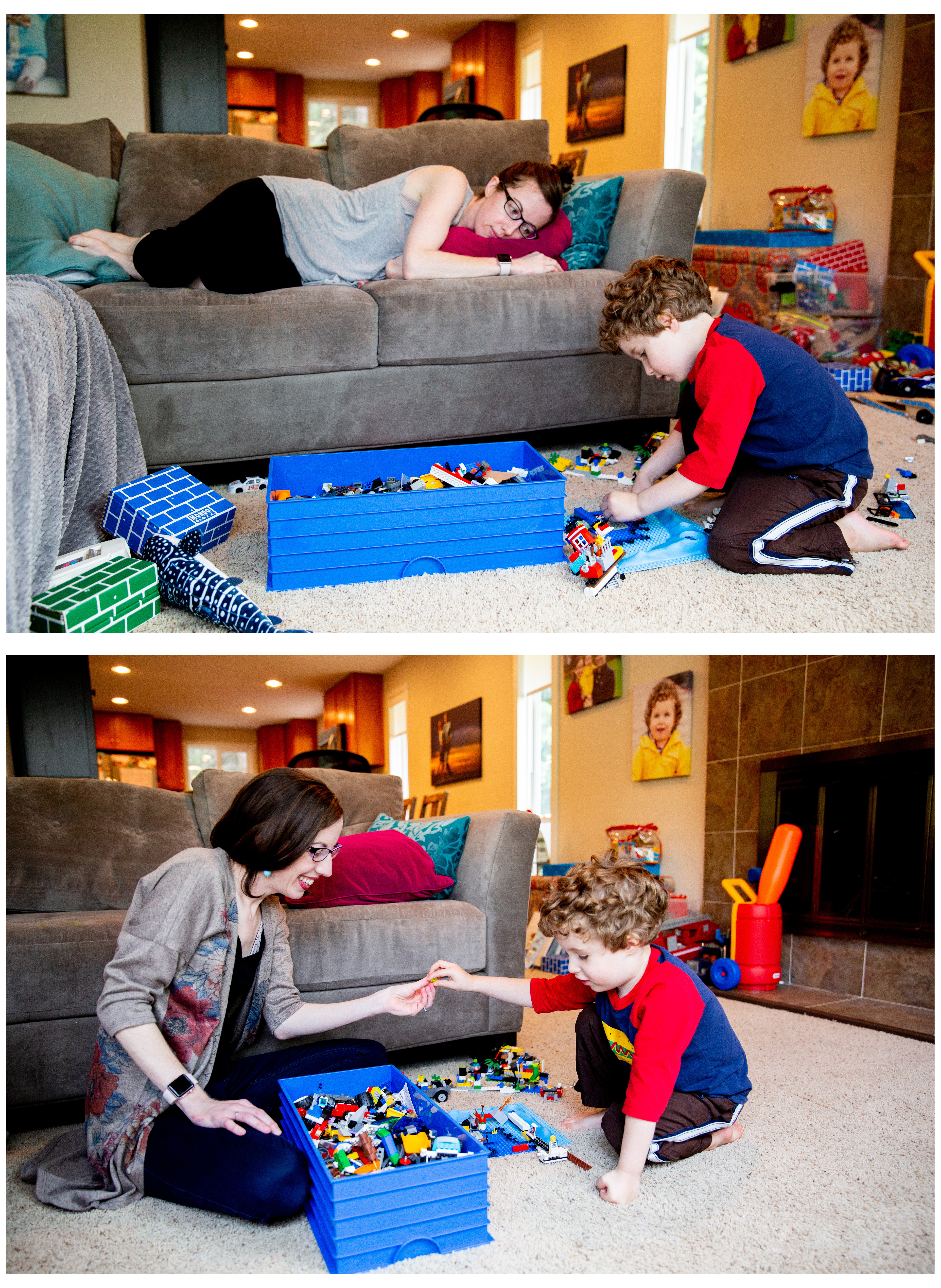 There are two photos in this collage. On top, a woman lays on a couch, wearing pajamas and watching her son play with legos. On the bottom, the mother is fully dressed and sitting directly across from the child and is handing him a lego.