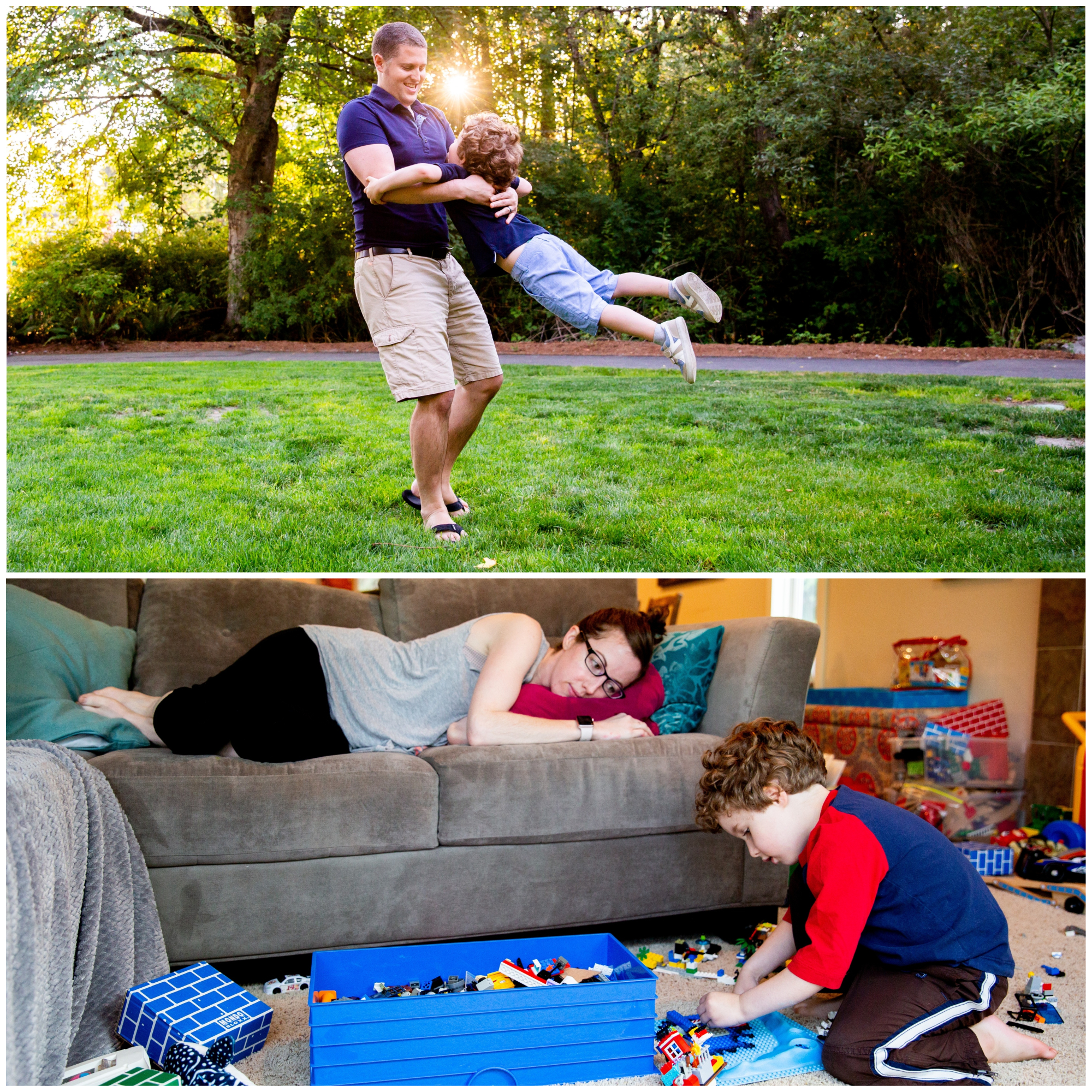 On top, my husband plays athletically with Charlie in the style I always imagined myself playing before I got sick. It is a beautiful sunny day and a strong man (my husband) is swinging our son around. On the bottom, I am laying on the couch watching charlie play with Legos.